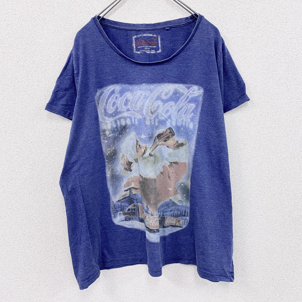 Coca-Cola　コカ・コーラ　半袖プリントTシャツ　サンタクロース　紺　ネイビー　24サイズ　古着