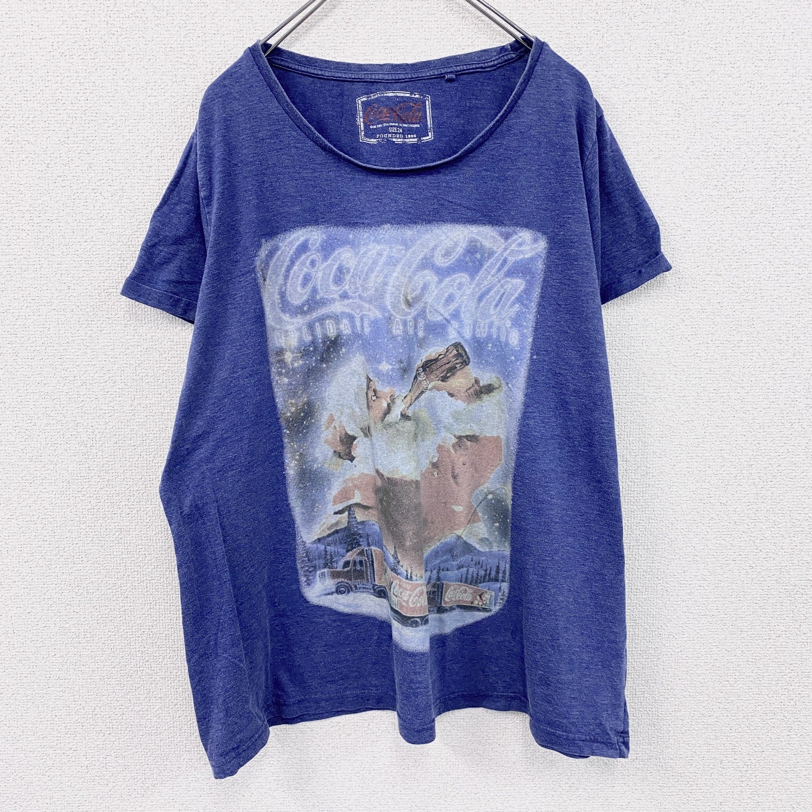 Coca-Cola　コカ・コーラ　半袖プリントTシャツ　サンタクロース　紺　ネイビー　24サイズ　古着