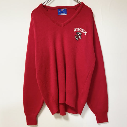 90s　Champion チャンピオン　Vネックニットセーター　ヴィンテージ　赤　レッド　サイズ