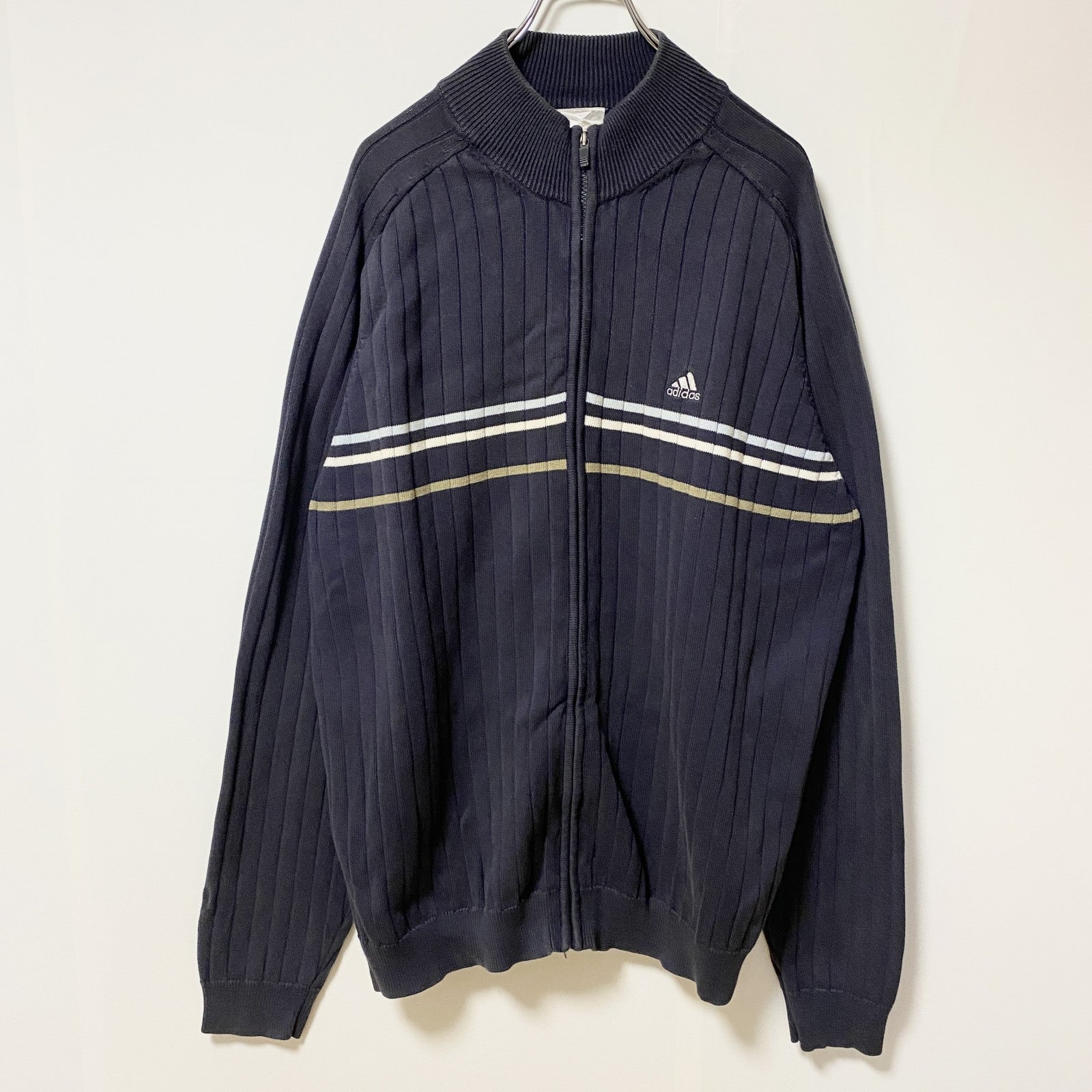 adidas アディダス　長袖ニットジップアップブルゾン　ニットジャケット　オーバーサイズ　ネイビー　紺　XLサイズ　古着