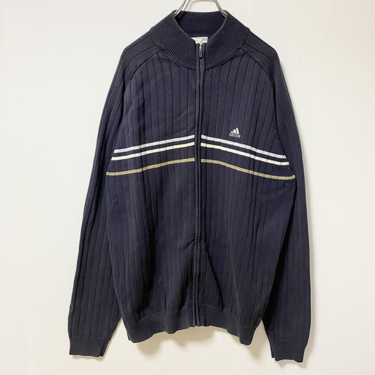 古着 used adidas アディダス　長袖ニットジップアップブルゾン　ニットジャケット　オーバーサイズ　ネイビー　XLサイズ