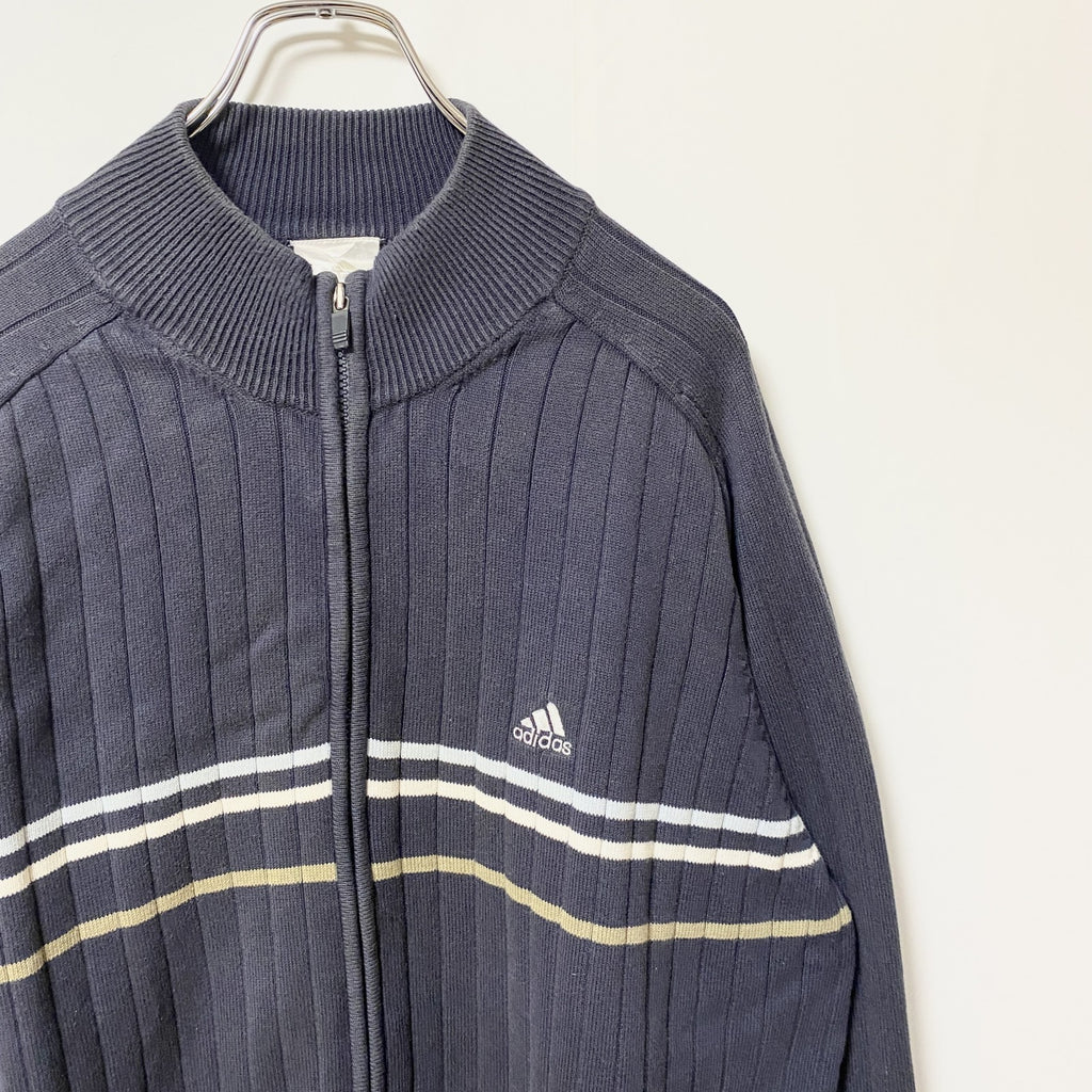 adidas アディダス　長袖ニットジップアップブルゾン　ニットジャケット　オーバーサイズ　ネイビー　紺　XLサイズ　古着