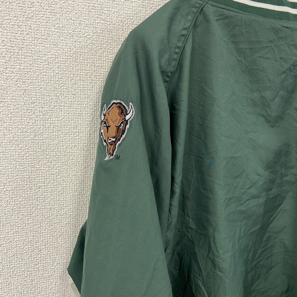 プルオーバージャケット　刺繍ロゴ　ワッペン　3連プリント　緑　グリーン　古着