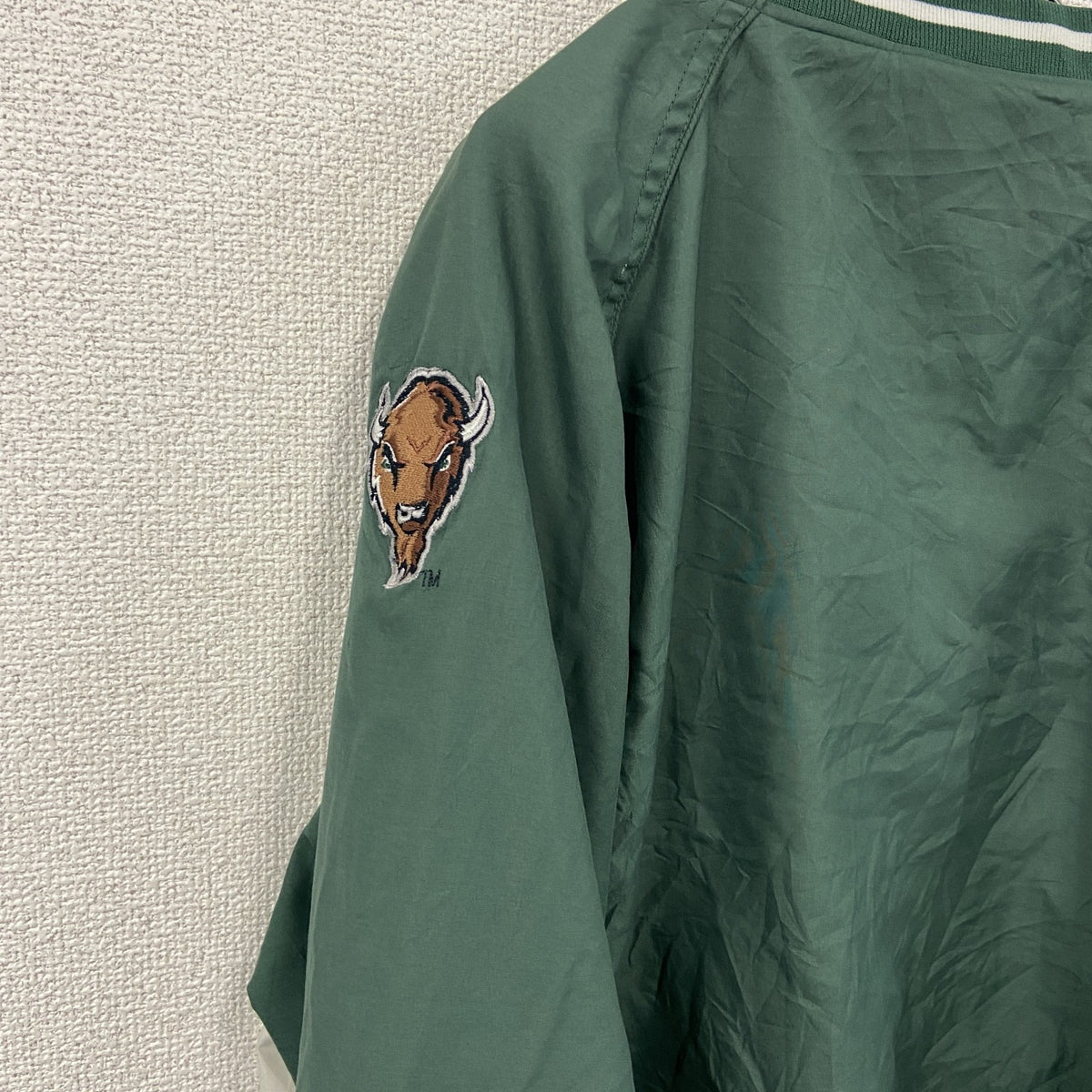 プルオーバージャケット　刺繍ロゴ　ワッペン　3連プリント　緑　グリーン　古着