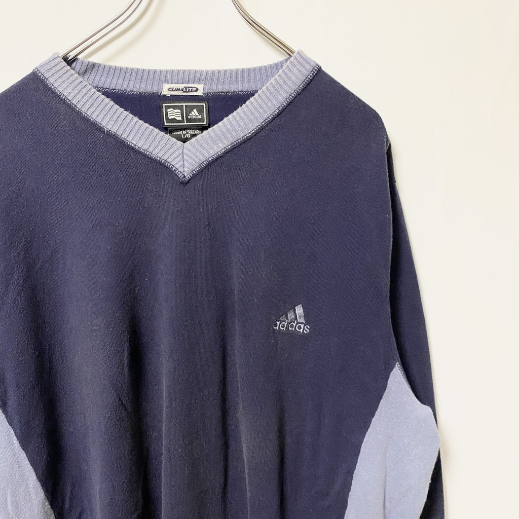 adidas climalite アディダス　クライマライト　長袖Vネックロゴ刺繍スウェット　トレーナー　ネイビー　紺　古着