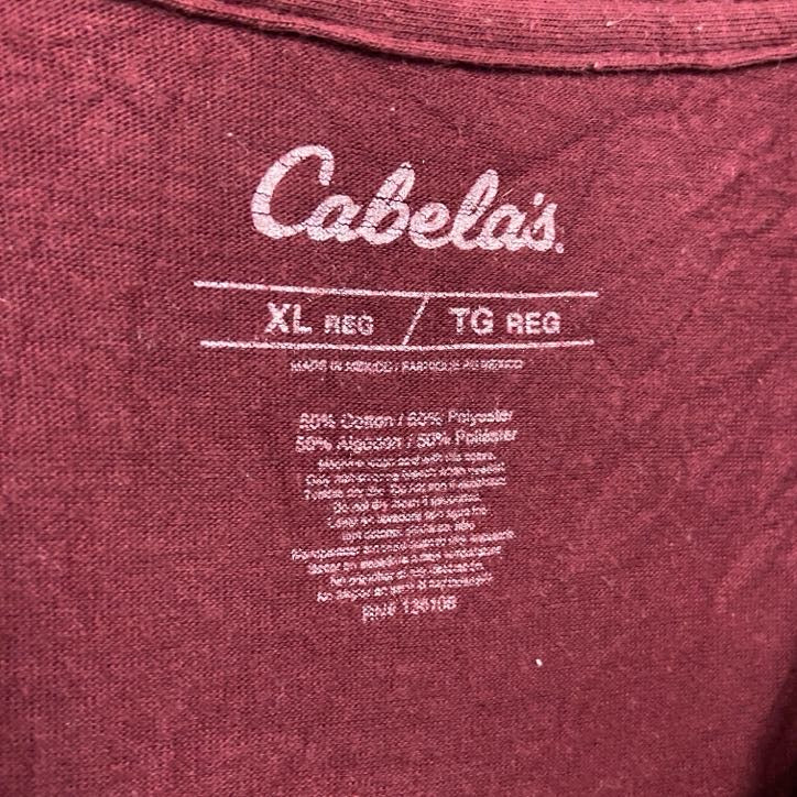 Cabela’s　カベラス　半袖両面プリントTシャツ　赤紫色　バーガンディ　XLサイズ　古着