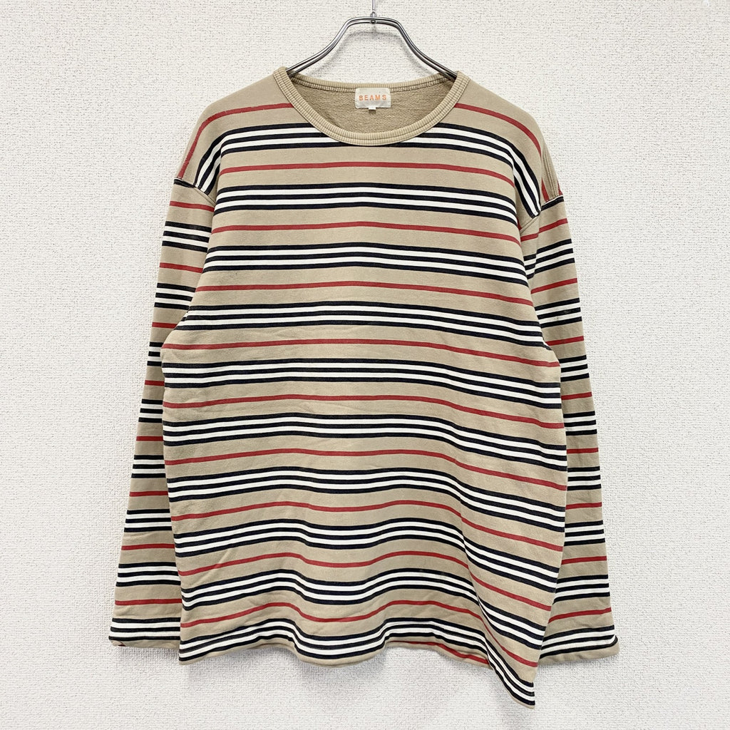 BEAMS　ビームス　スウェット/トレーナー　ボーダー　ベージュ　Lサイズ スウェットトップス メンズ コットン 古着