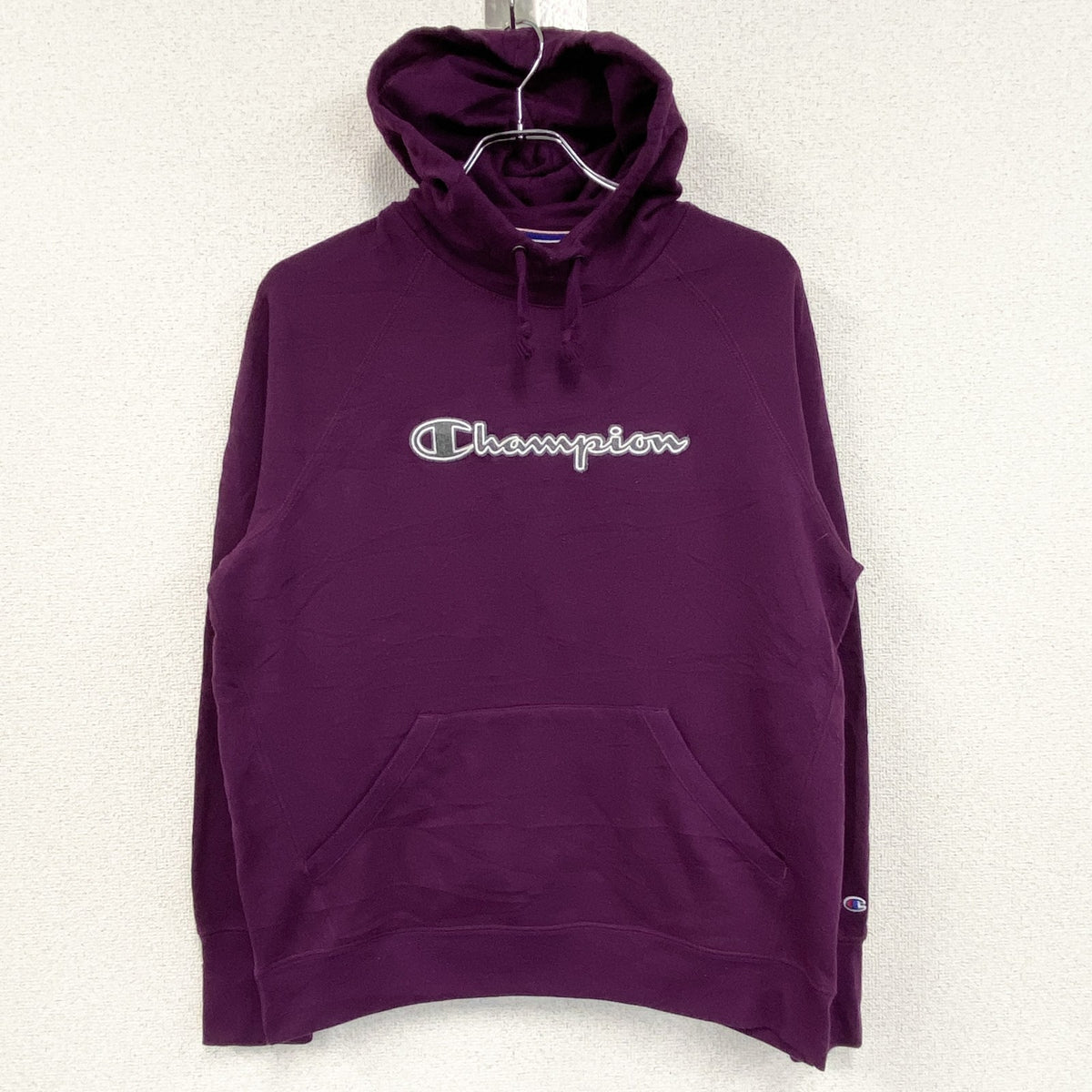 champion　チャンピオン　スウェットパーカー/フーディ　ラグランスリーブ　ワッペン　現行　紫　パープル　Lサイズ　古着