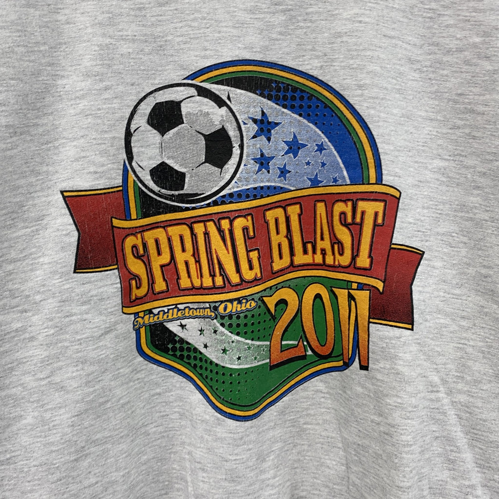 GILDAN　ギルダン　スウェット/トレーナー　両面プリント　サッカー　アーチプリント　クルーネック　霜降りグレー　Lサイズ　古着