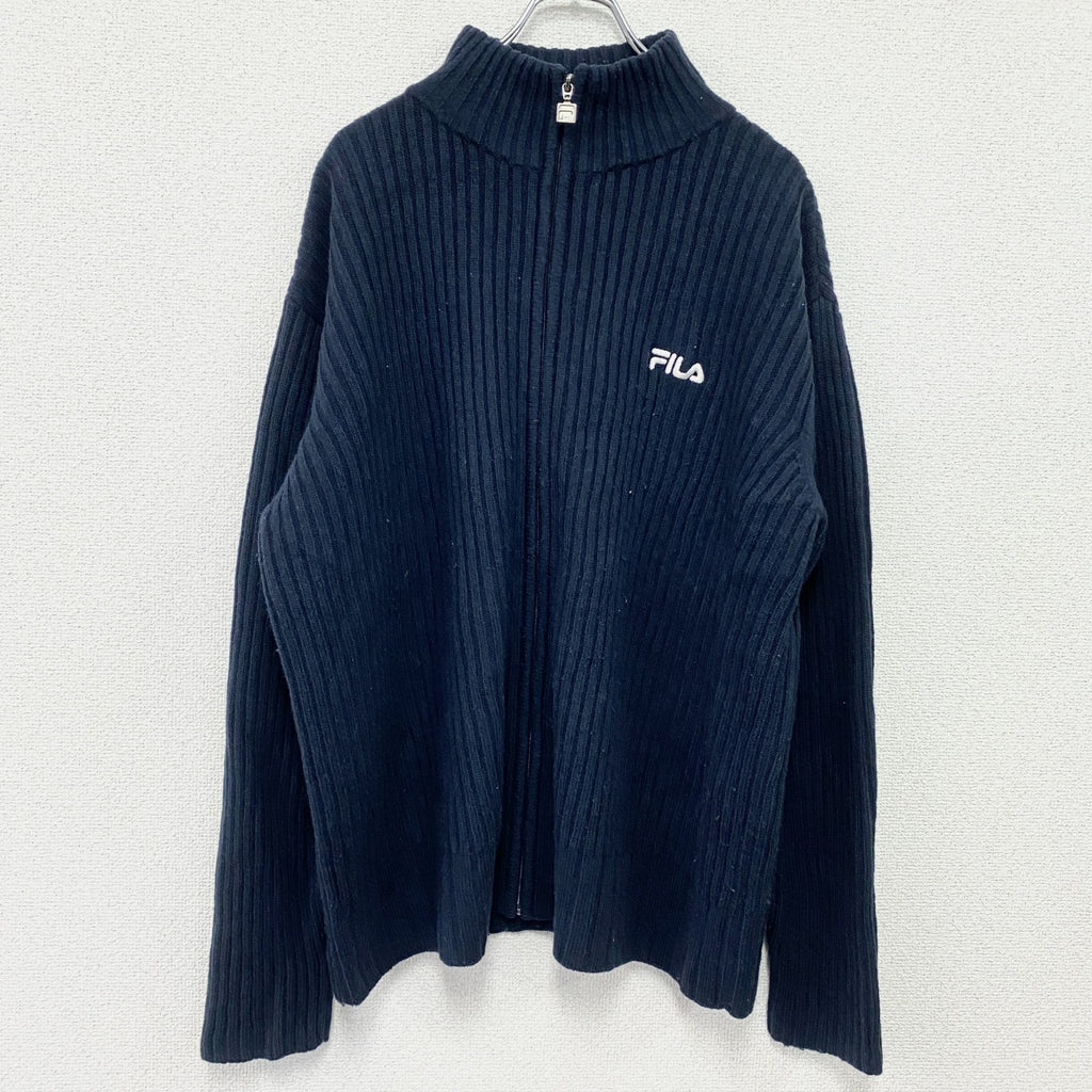 FILA　フィラ　フルジップコットンニットセーター　刺繍ロゴ　紺　ネイビー　XLサイズ　古着