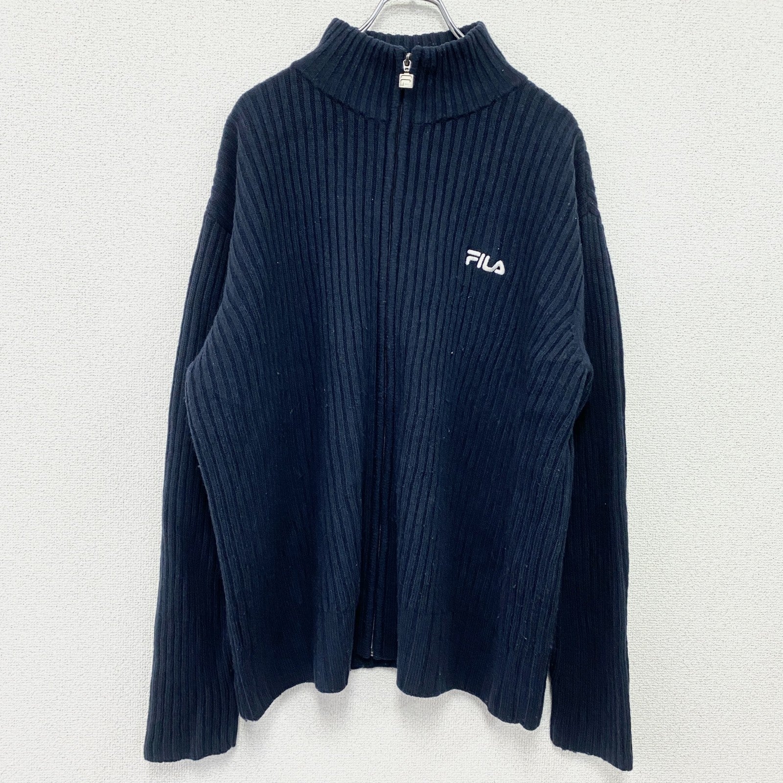 FILA　フィラ　フルジップコットンニットセーター　刺繍ロゴ　紺　ネイビー　XLサイズ　古着