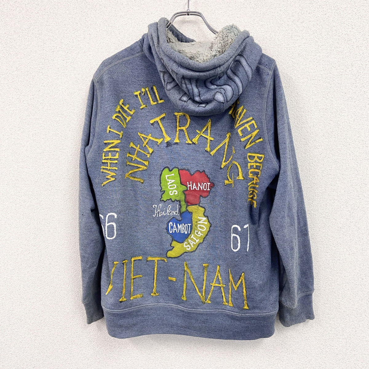 UNIQLO　ユニクロ　フルジップパーカー/フーディー　裏起毛　ペイント加工　リメイク　アッシュブルー　Lサイズ　古着