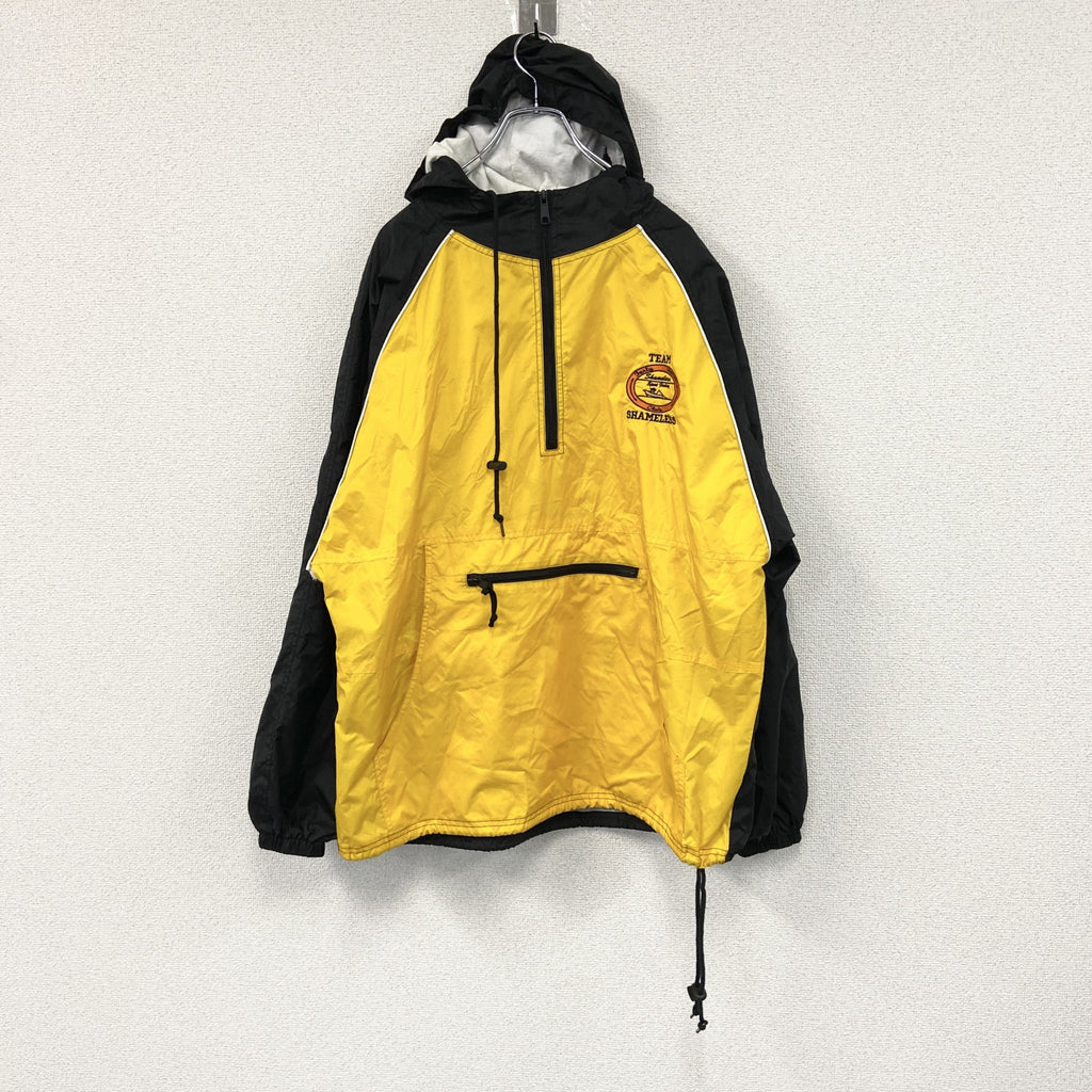 90s～　PORT&COMPANY　アノラックパーカー　刺繍ロゴ　ヴィンテージ　黒　ブラック　黄色　イエロー　XLサイズ　古着