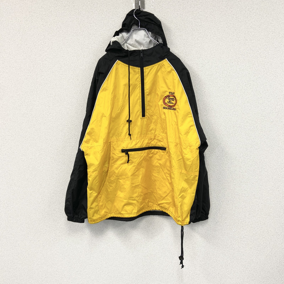 90s～　PORT&COMPANY　アノラックパーカー　刺繍ロゴ　ヴィンテージ　黒　ブラック　黄色　イエロー　XLサイズ　古着
