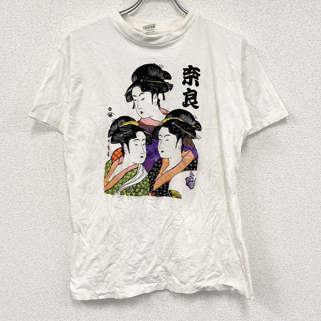 古着 used　～90s　半袖浮世絵プリントTシャツ　ヴィンテージ　シングルステッチ　白　ホワイト　LLサイズ