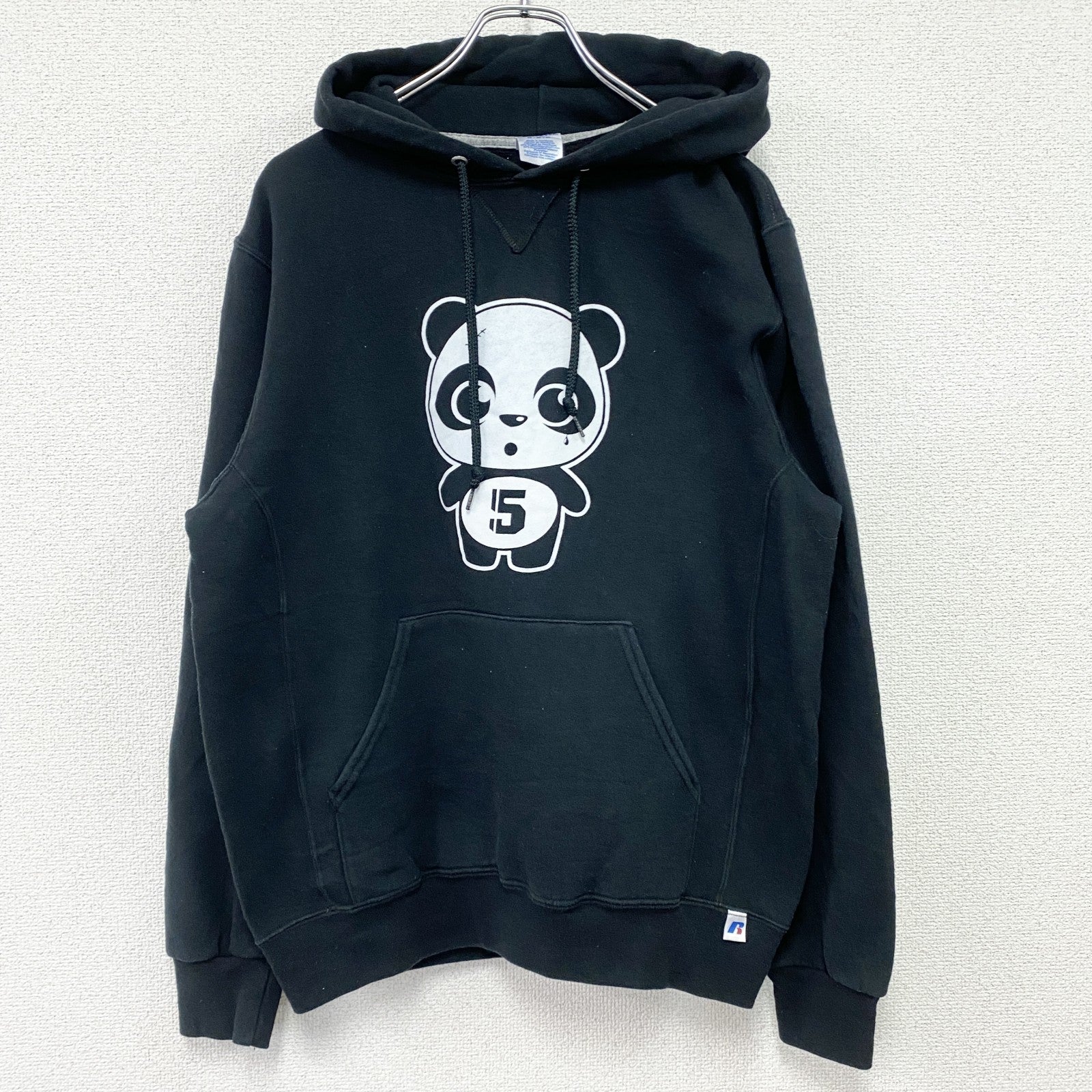 00s　RUSSELL　ラッセル　NICOPANDA　ニコパンダ　スウェットパーカー/フーディー　前V　黒　ブラック　Mサイズ　古着