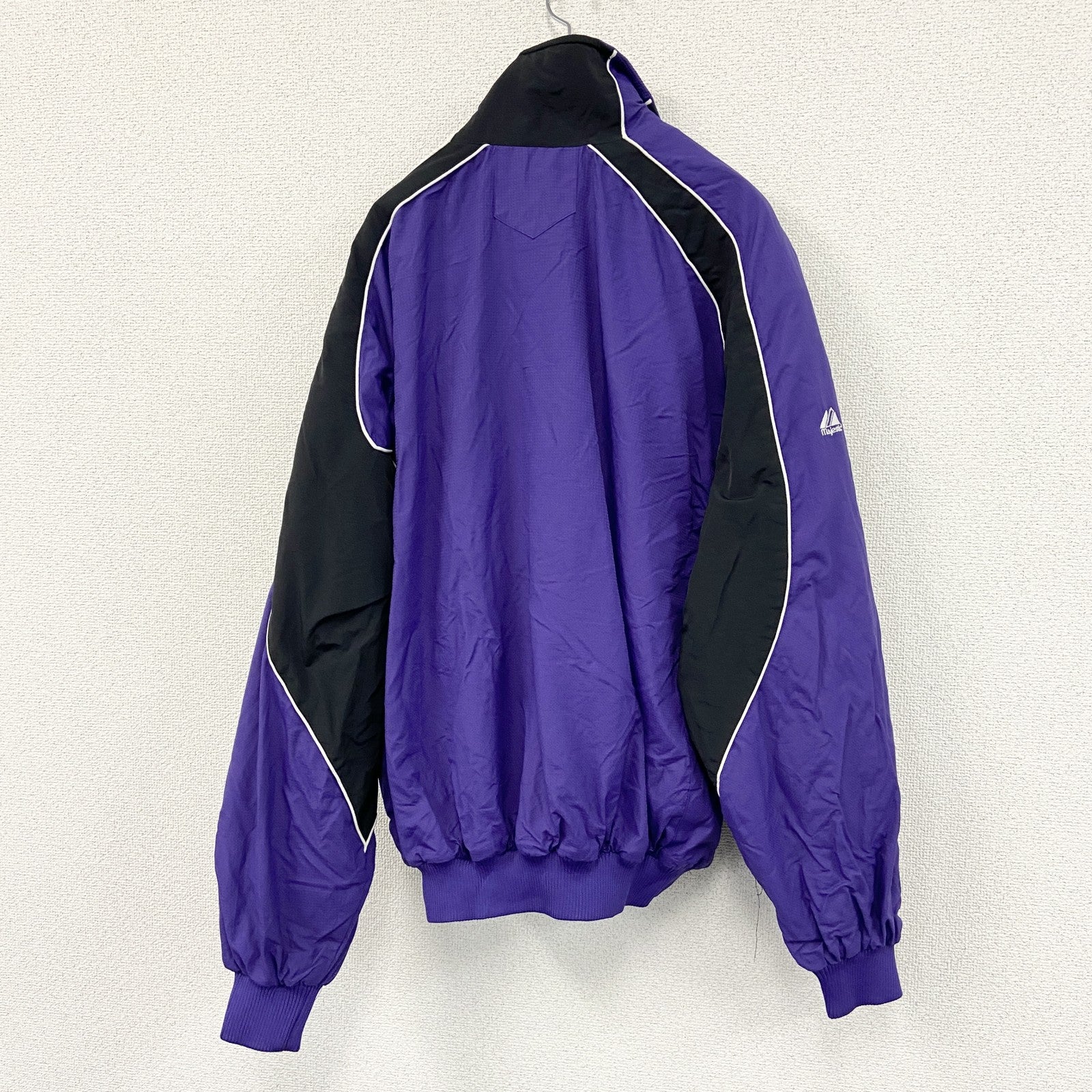 Majestic　マジェスティック　フルジップナイロンジャケット　ワッペン　紫　パープル　黒　ブラック　Lサイズ　古着
