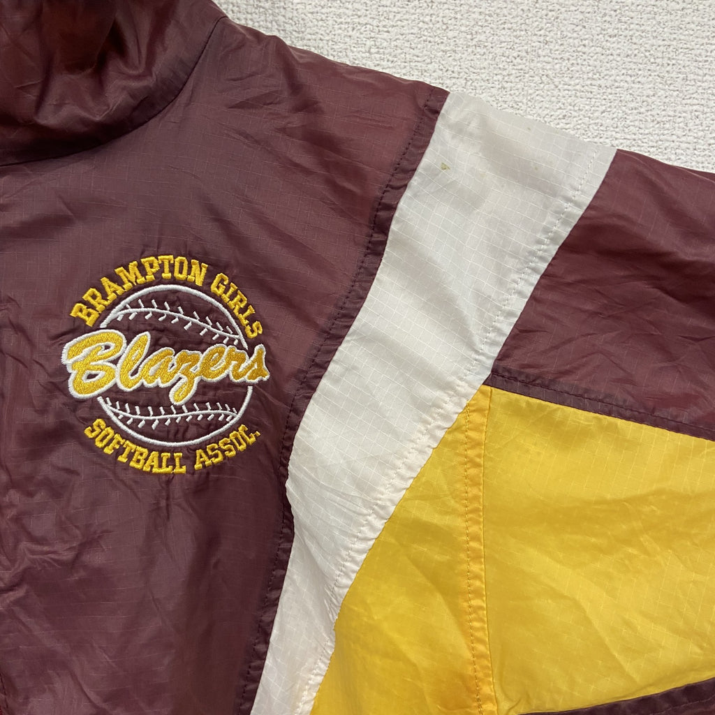 80s～　フルジップナイロンジャケット　刺繍ロゴ　ワッペン　アーチプリント　ヴィンテージ　マルチカラー　ボルドー　イエロー　Lサイズ　古着