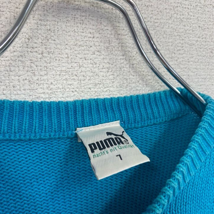 ～80s　PUMA　プーマ　コットンニットセーター　ヴィンテージ　水色　ライトブルー　７サイズ　古着