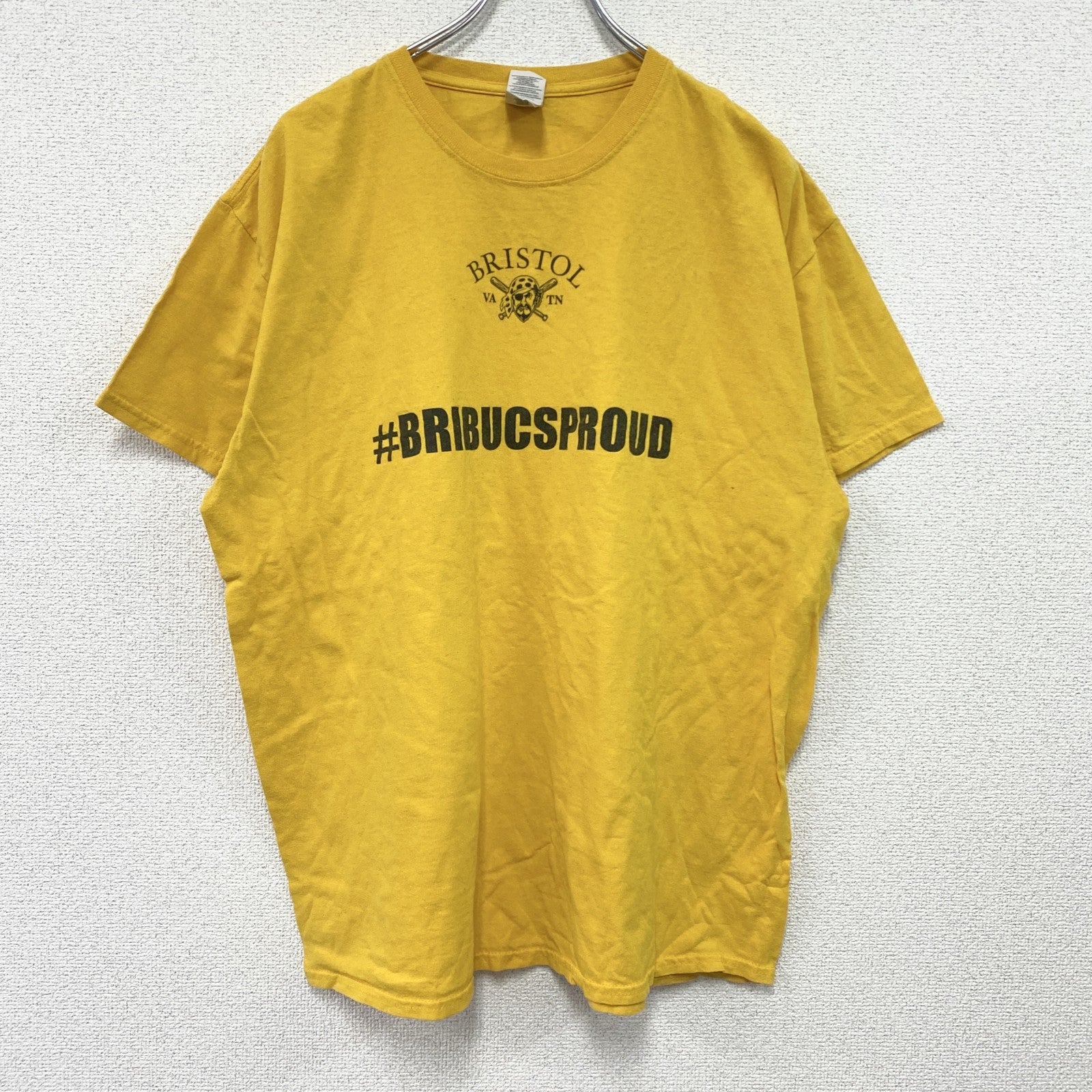 GILDAN　ギルダン　Bristol Pirates　ブリストルパイレーツ　半袖プリントTシャツ　黄色　イエロー　XLサイズ　古着