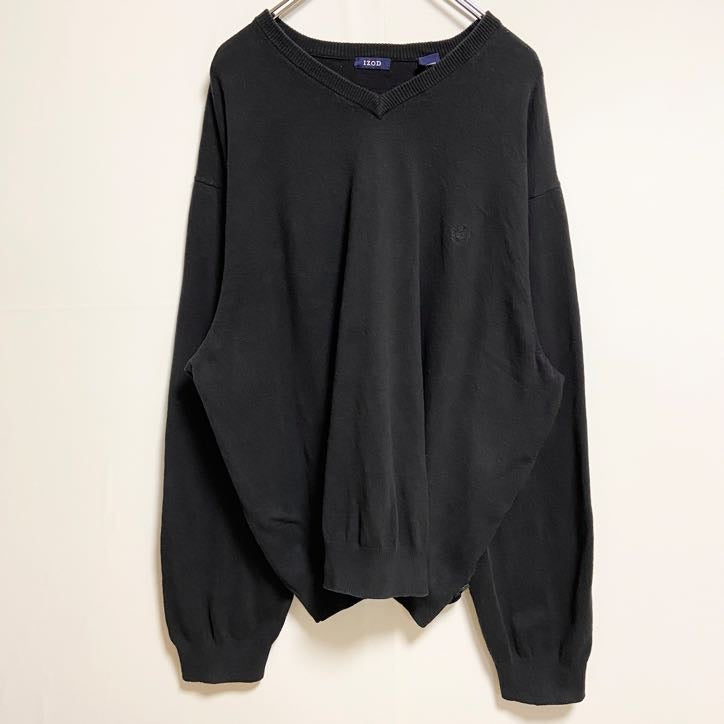 IZOD アイゾッド　長袖Vネック薄手ニット　セーター　ワンポイント刺繍　黒　ブラック　ビッグシルエット　2XLサイズ　古着