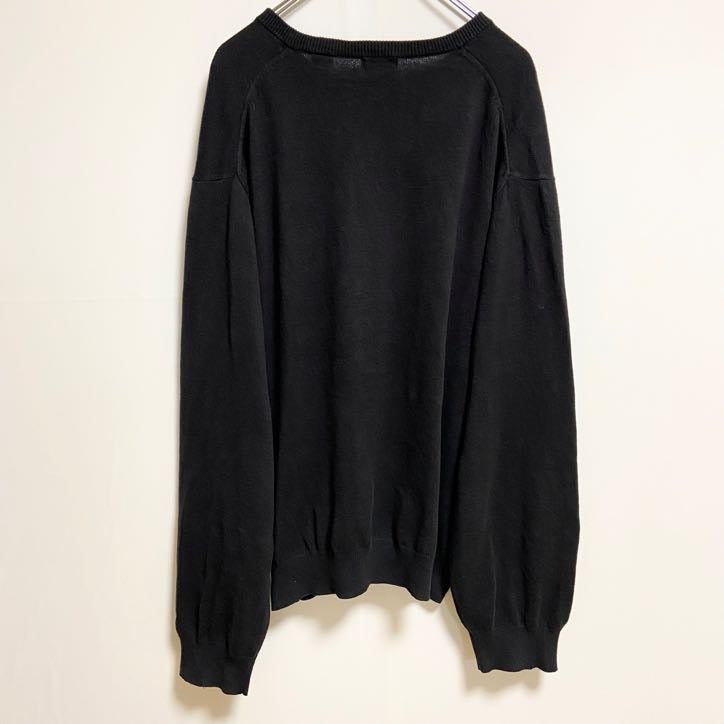 IZOD アイゾッド　長袖Vネック薄手ニット　セーター　ワンポイント刺繍　黒　ブラック　ビッグシルエット　2XLサイズ　古着