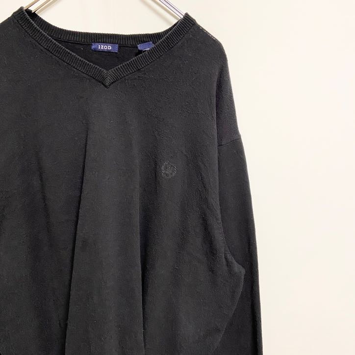 IZOD アイゾッド　長袖Vネック薄手ニット　セーター　ワンポイント刺繍　黒　ブラック　ビッグシルエット　2XLサイズ　古着