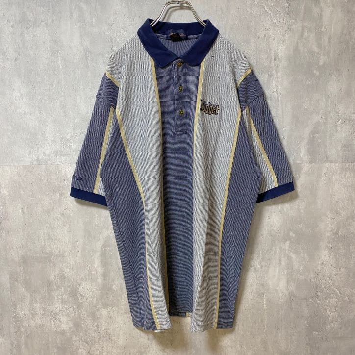 ANTIGUA　Nugget　半袖ストライプ柄ポロシャツ　ネイビー　紺　グレー　灰色　レトロデザイン　ワンポイント刺繍　　古着