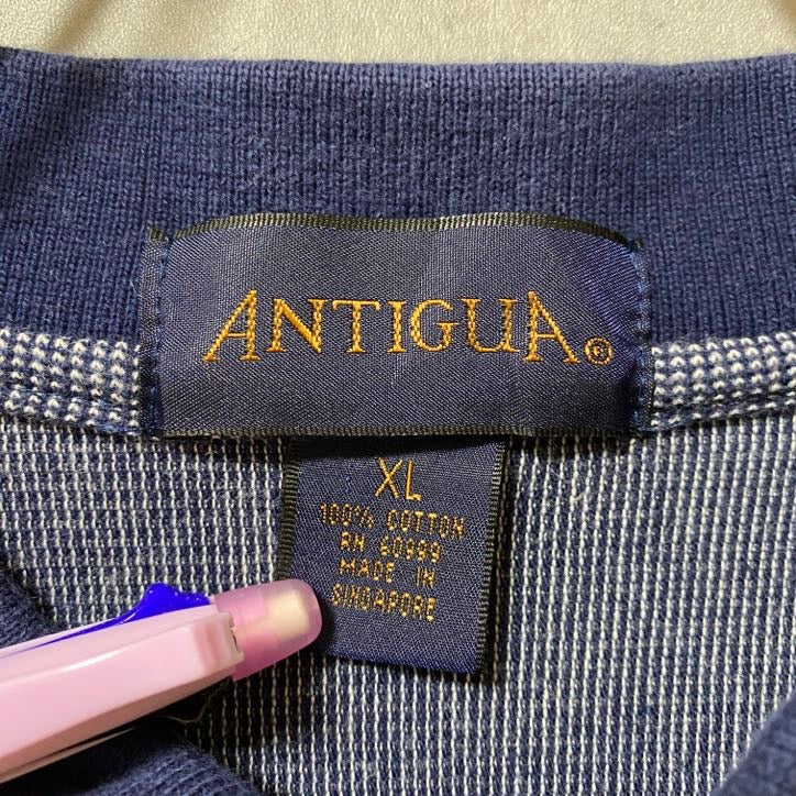 ANTIGUA　Nugget　半袖ストライプ柄ポロシャツ　ネイビー　紺　グレー　灰色　レトロデザイン　ワンポイント刺繍　　古着