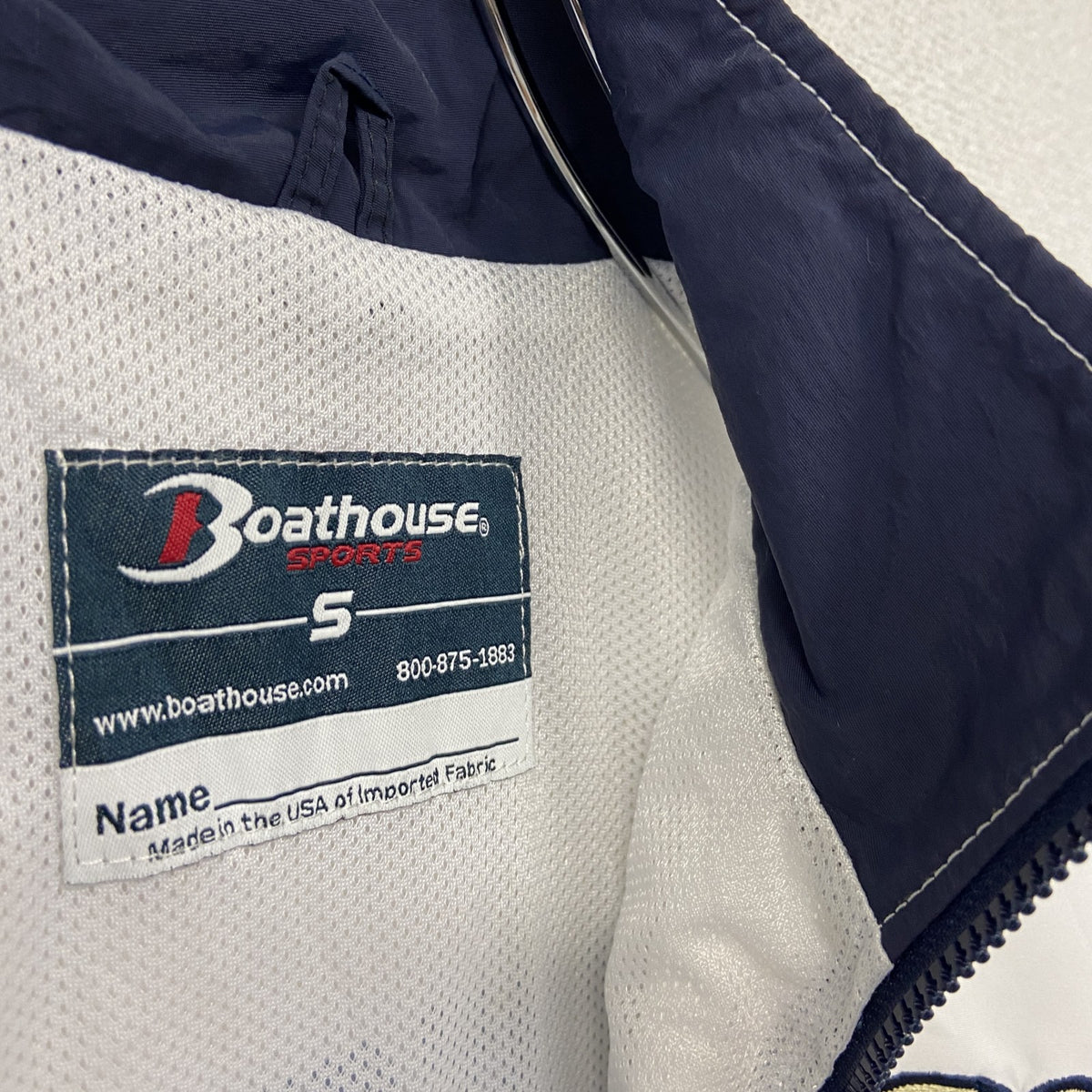 ～90s　Boathouse　ハーフジップナイロンプルオーバージャケット　ワッペン　アーチプリント　ホワイト　ネイビー　紺　Sサイズ　　ヴィンテージ　古着
