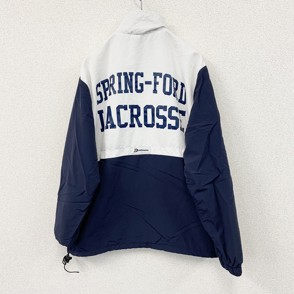 ～90s　Boathouse　ハーフジップナイロンプルオーバージャケット　ワッペン　アーチプリント　ホワイト　ネイビー　紺　Sサイズ　　ヴィンテージ　古着