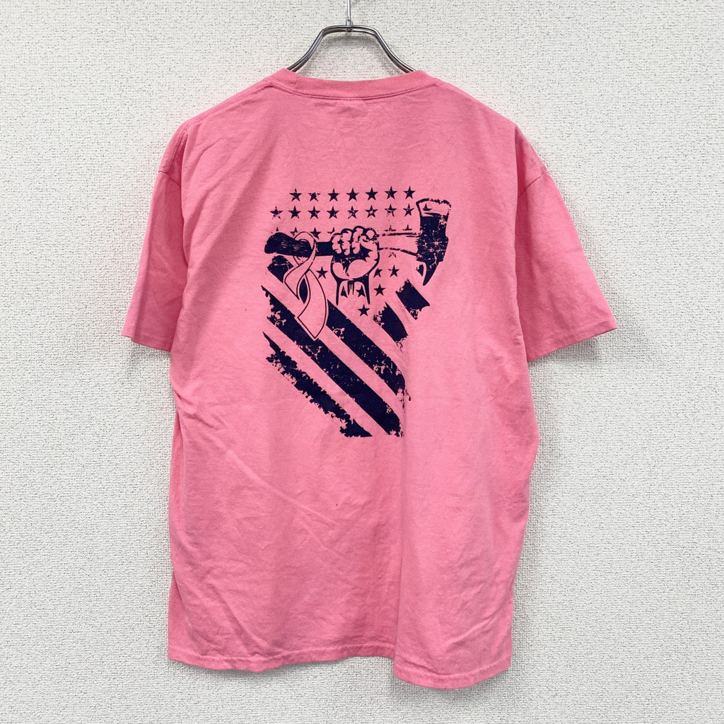 PORT&COMPANY　半袖プリントTシャツ　IAFF　星条旗　ピンク　Lサイズ　古着
