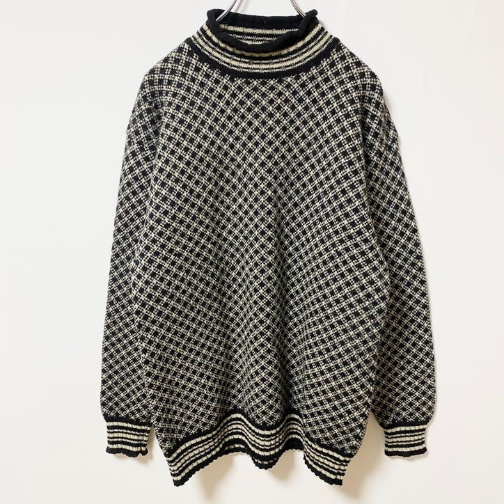 simons　ニットセーター　バーズアイ柄　ハイネック　リブライン　バイカラー　黒　ブラック　Mサイズ　古着