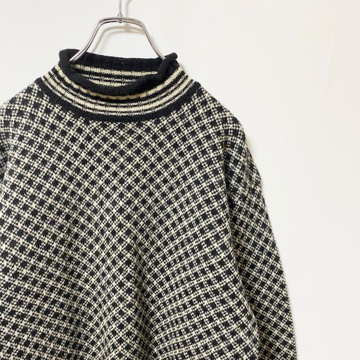 simons　ニットセーター　バーズアイ柄　ハイネック　リブライン　バイカラー　黒　ブラック　Mサイズ　古着