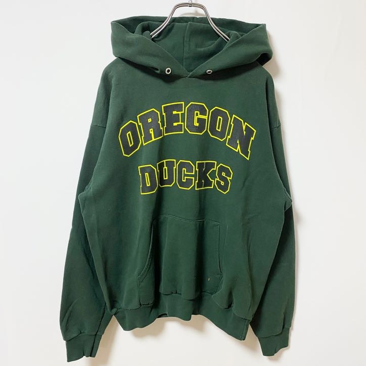 古着 used　Hanes　ヘインズ　長袖パーカー　ロゴプリントスウェット　OREGONDUCKS　緑　グリーン　秋冬服　Mサイズ