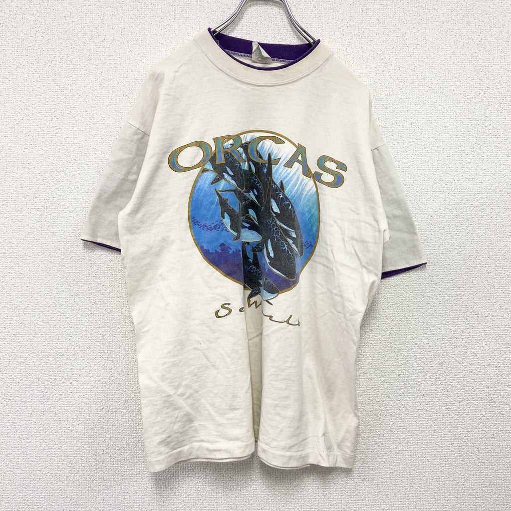 90s～　SEASONS　半袖プリントTシャツ　ORCAS　ヴィンテージ　白　ホワイト　Lサイズ　古着
