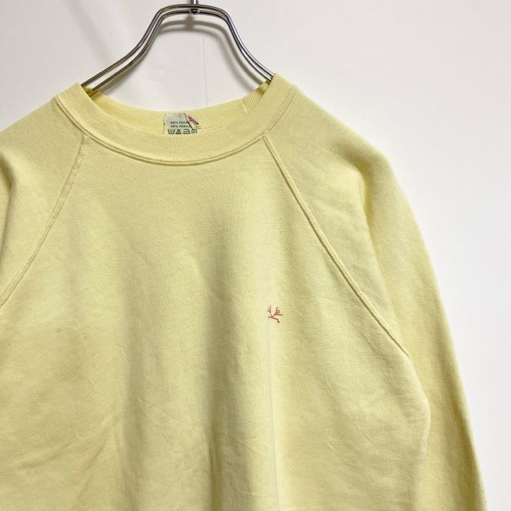 90s　長袖ワンポイント刺繍スウェット　トレーナー　黄色　イエロー　クルーネック　ラグランスリーブ　ヴィンテージ　Sサイズ　古着