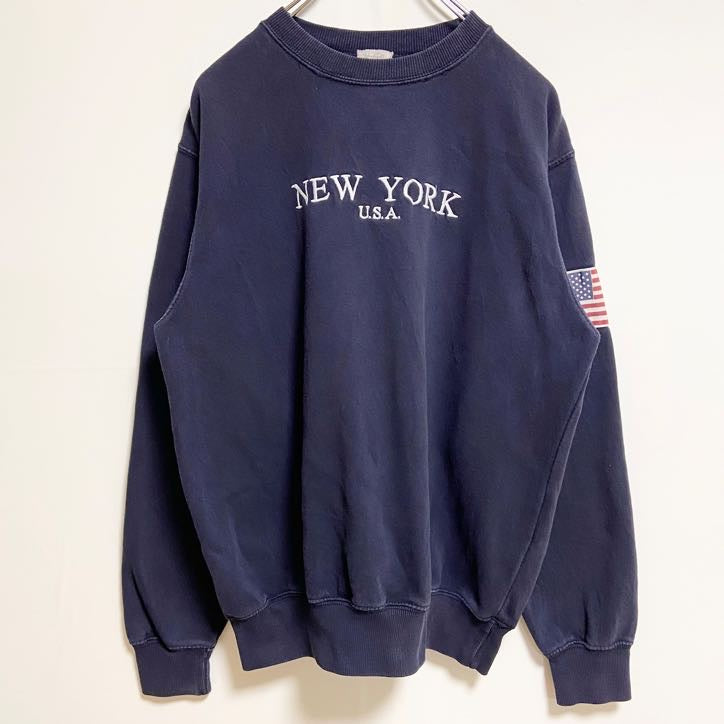 古着 used　長袖ロゴ刺繍スウェット　トレーナー　クルーネック　ネイビー　USA　アメリカ　ニューヨーク　秋冬服