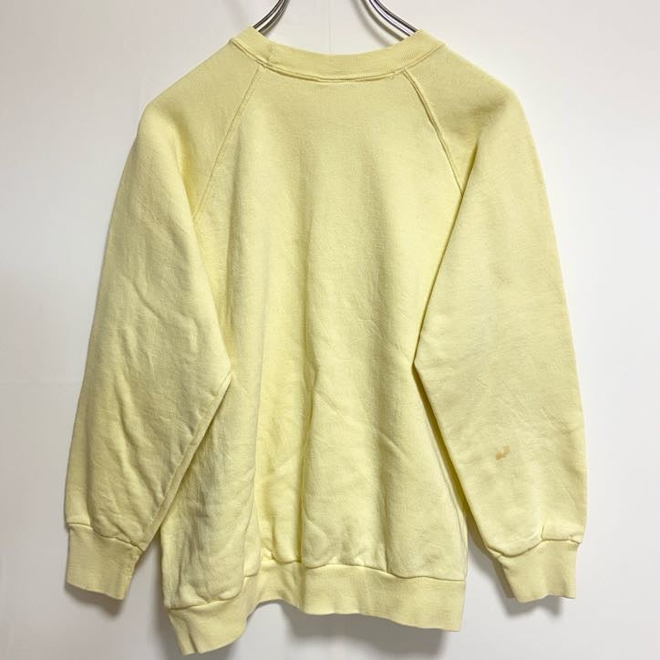 90s　長袖ワンポイント刺繍スウェット　トレーナー　黄色　イエロー　クルーネック　ラグランスリーブ　ヴィンテージ　Sサイズ　古着