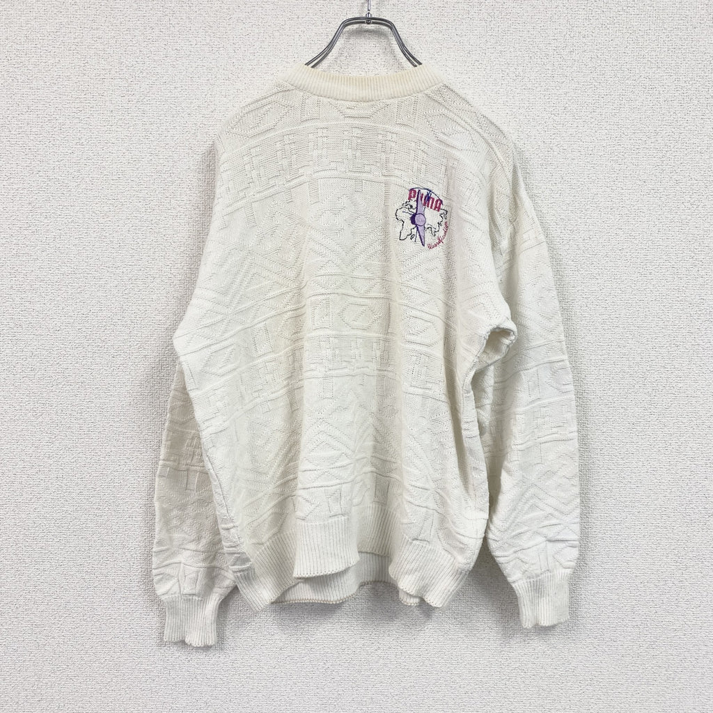 ～80s　PUMA　プーマ　コットンケーブルニットセーター　刺繍ロゴ　ワンポイント　ヴィンテージ　白　ホワイト　６サイズ　古着