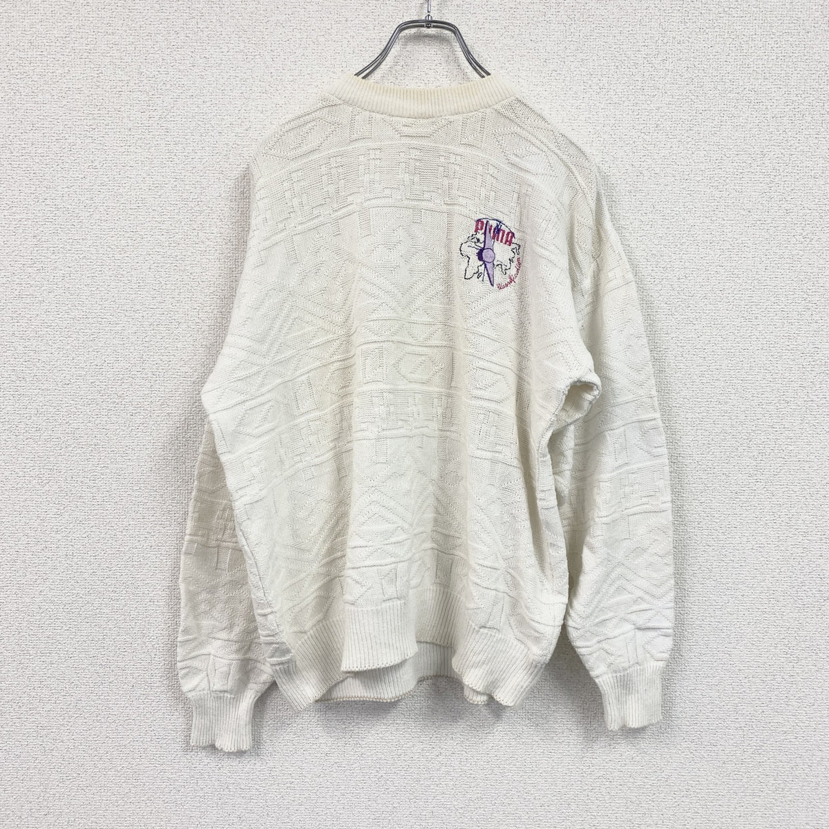 ～80s　PUMA　プーマ　コットンケーブルニットセーター　刺繍ロゴ　ワンポイント　ヴィンテージ　白　ホワイト　６サイズ　古着