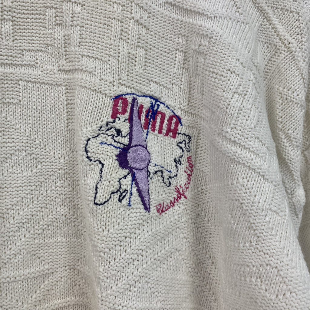 ～80s　PUMA　プーマ　コットンケーブルニットセーター　刺繍ロゴ　ワンポイント　ヴィンテージ　白　ホワイト　６サイズ　古着