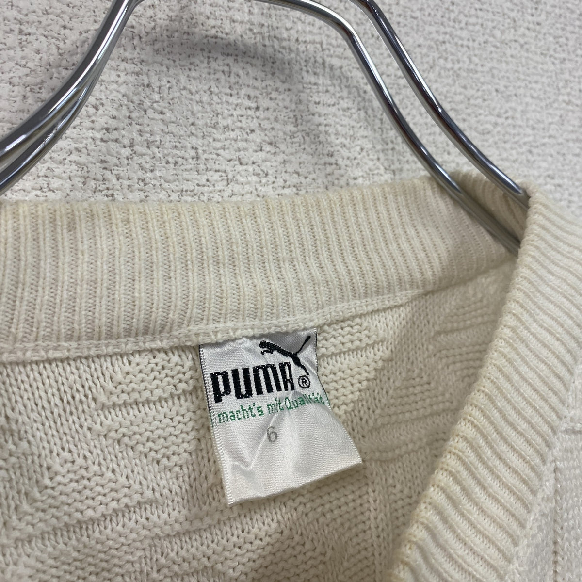 ～80s　PUMA　プーマ　コットンケーブルニットセーター　刺繍ロゴ　ワンポイント　ヴィンテージ　白　ホワイト　６サイズ　古着