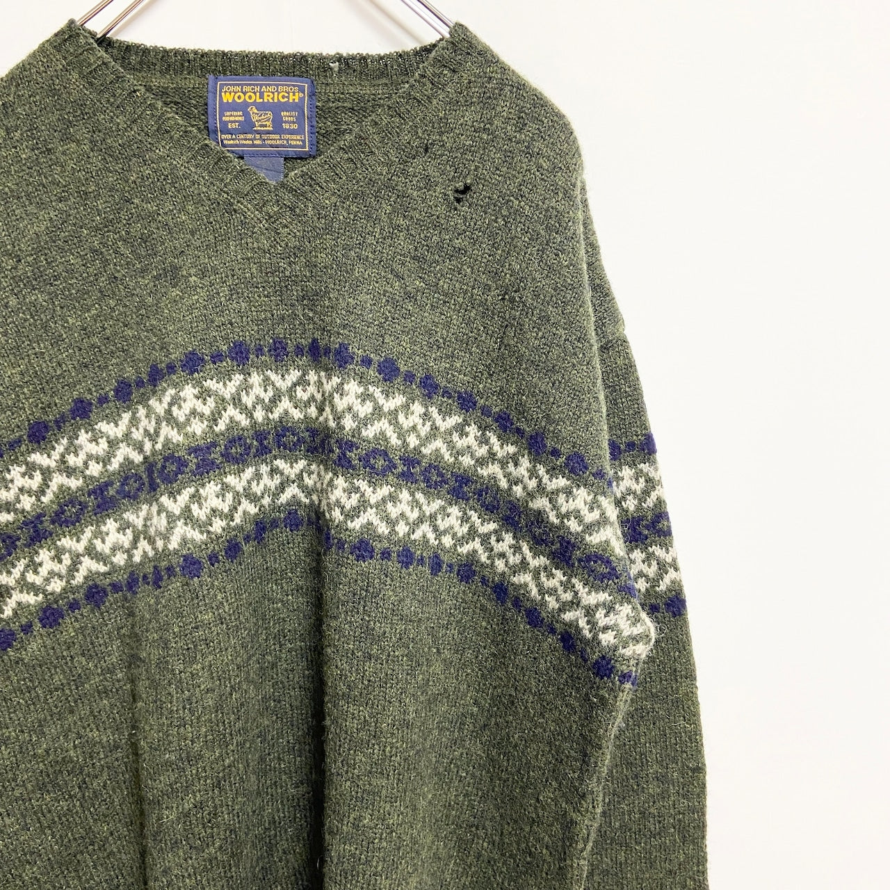 古着 used　WOOLRICH　ウールリッチ　長袖Vネックニット　セーター　緑　グリーン　秋冬服　レトロ　Lサイズ