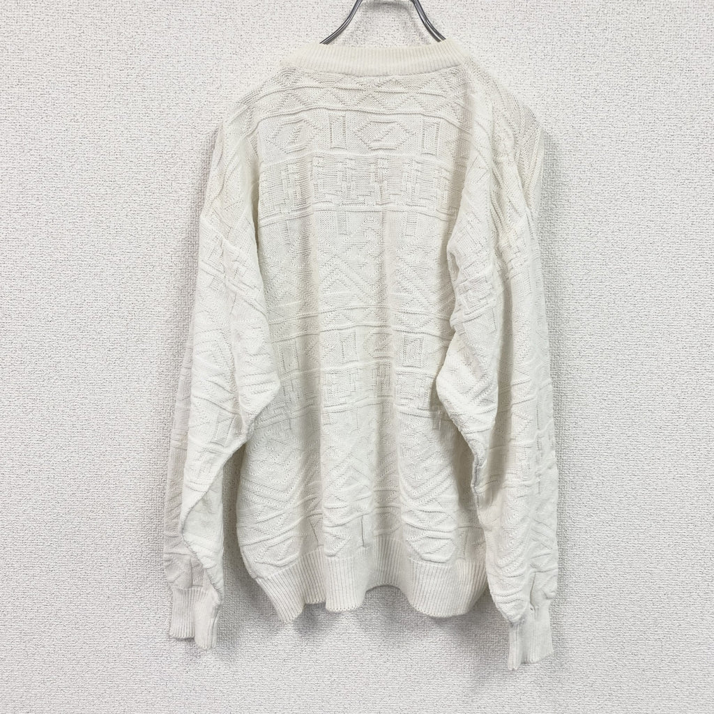 ～80s　PUMA　プーマ　コットンケーブルニットセーター　刺繍ロゴ　ワンポイント　ヴィンテージ　白　ホワイト　６サイズ　古着