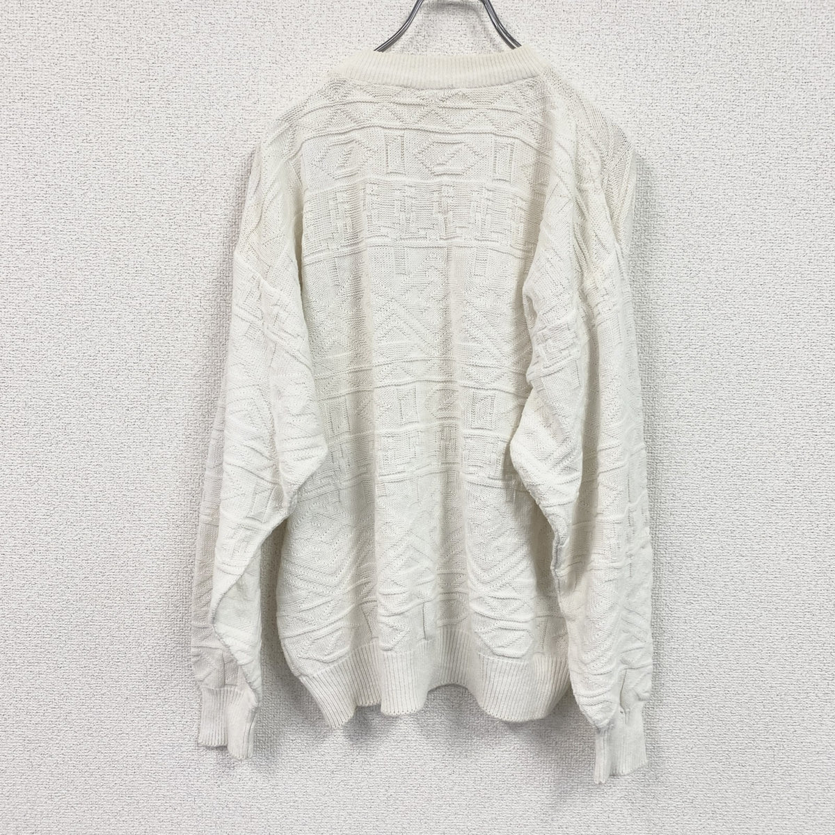 ～80s　PUMA　プーマ　コットンケーブルニットセーター　刺繍ロゴ　ワンポイント　ヴィンテージ　白　ホワイト　６サイズ　古着