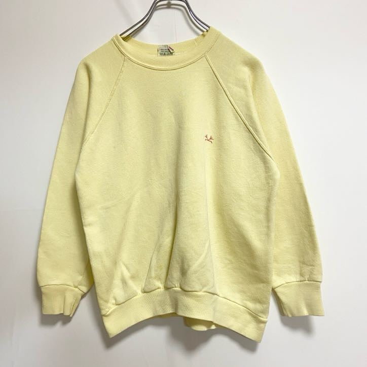 90s　長袖ワンポイント刺繍スウェット　トレーナー　黄色　イエロー　クルーネック　ラグランスリーブ　ヴィンテージ　Sサイズ　古着