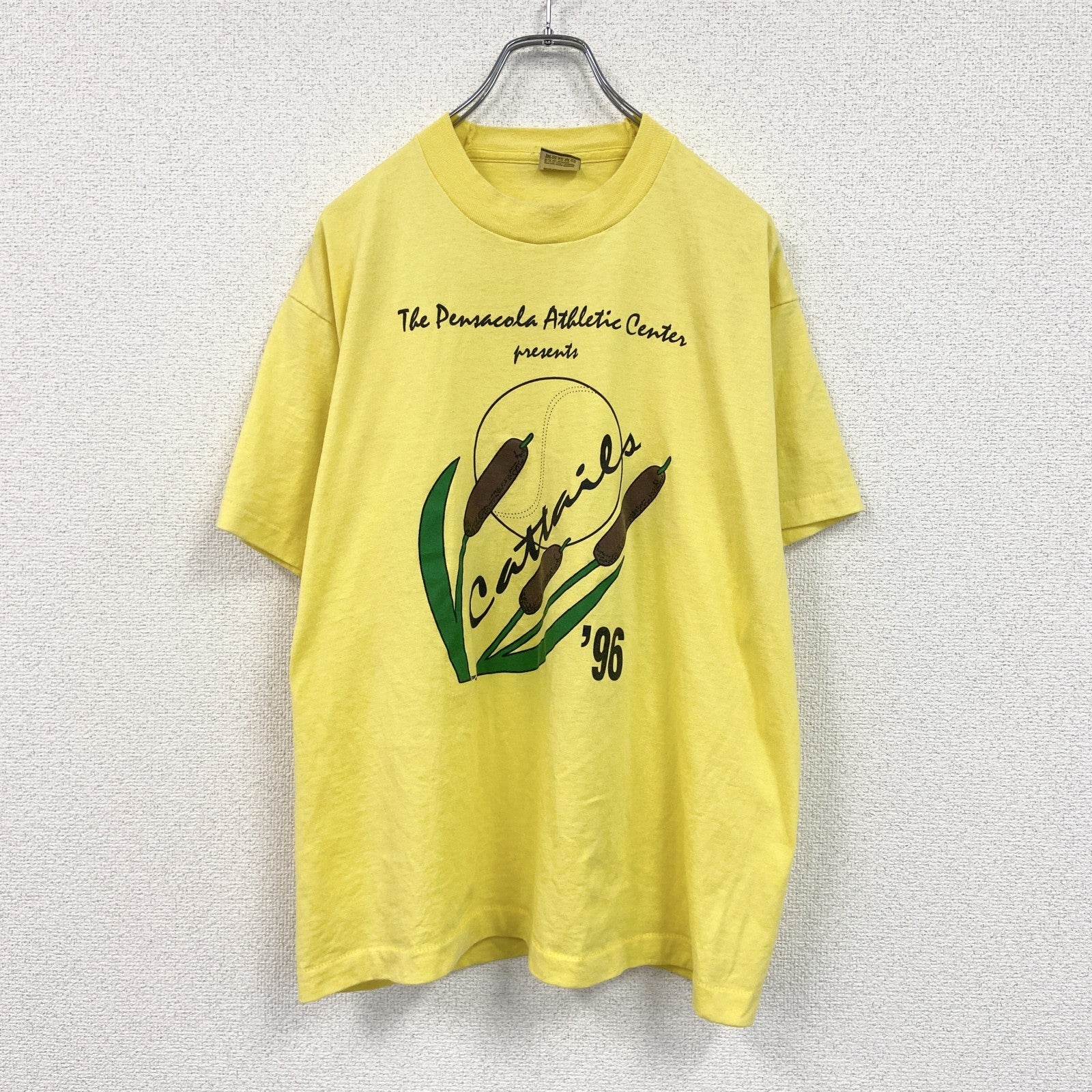 80s～　FRUIT OF LOOM　半袖プリントTシャツ　ヴィンテージ　シングルステッチ　黄　イエロー　Lサイズ　古着