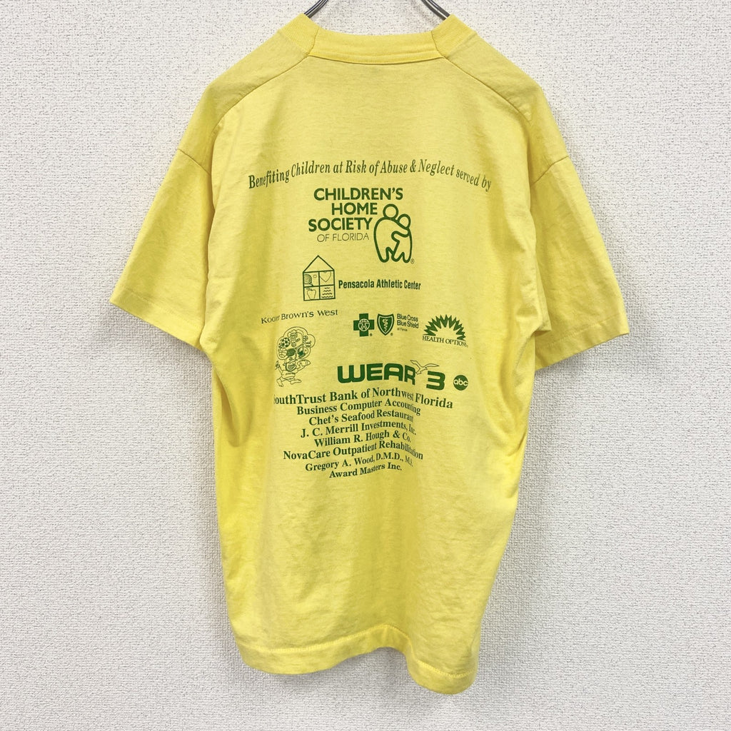 80s～　FRUIT OF LOOM　半袖プリントTシャツ　ヴィンテージ　シングルステッチ　黄　イエロー　Lサイズ　古着