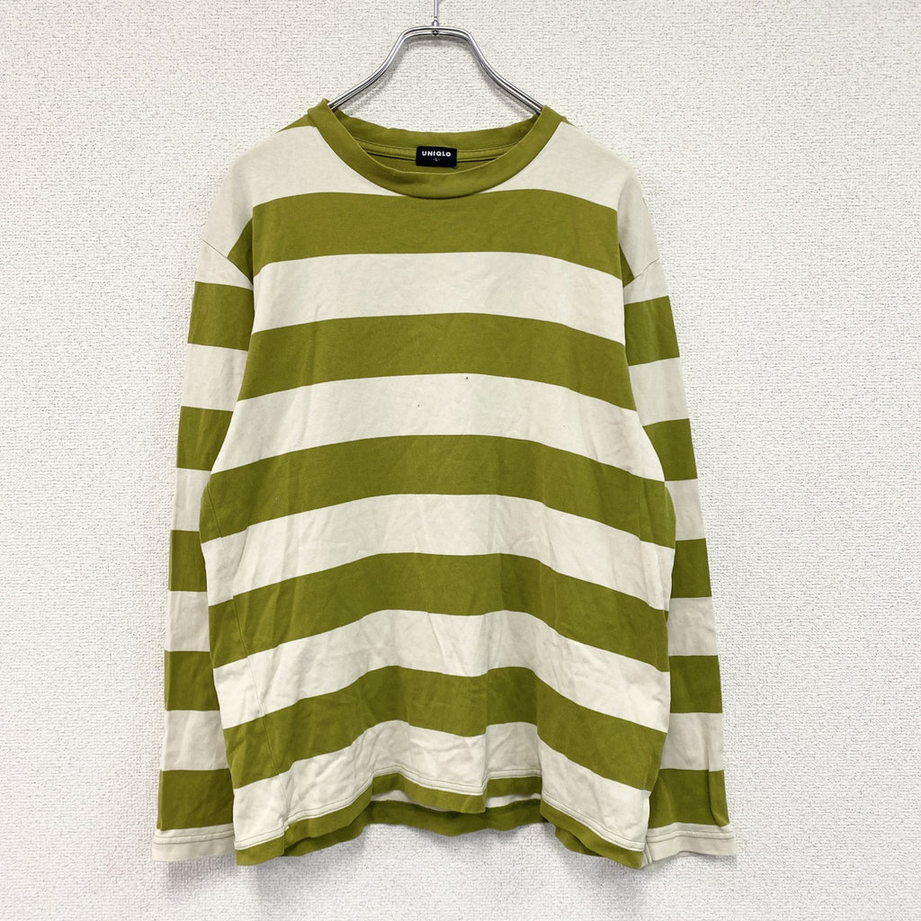 90s　OLD UNIQLO　オールドユニクロ　長袖Tシャツ/ロンT　ボーダー　ヴィンテージ　黄緑　ライトグリーン　ベージュ　Lサイズ　古着